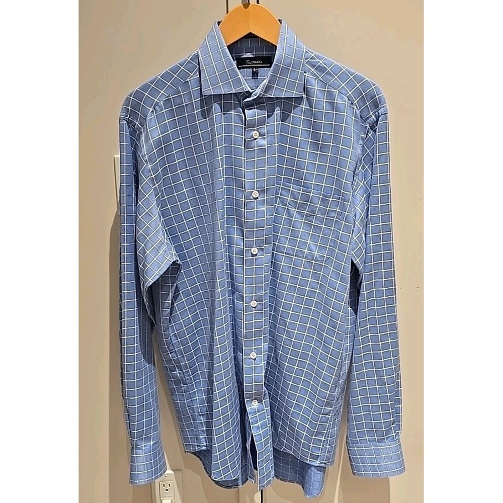 Faconnable Mens Blue Windowpane Check Cotton Button Down Shirt XL 16.5 USA Made